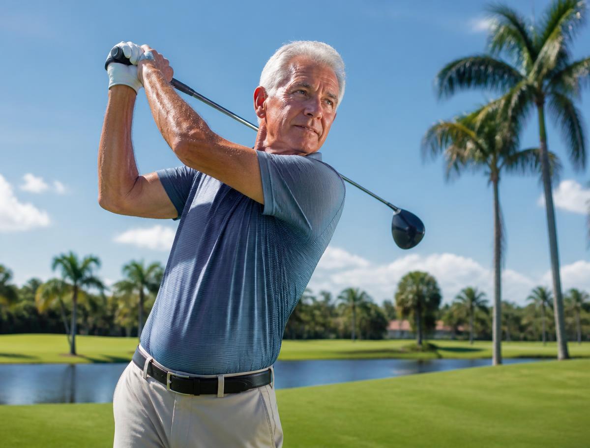 Active adult golfer completing a swing on a Naples golf course